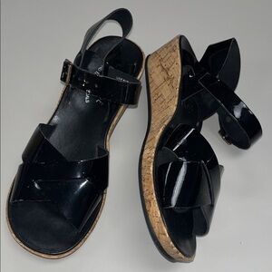 Kork-Ease Black Patent Sandals with Cork Wedge size 7